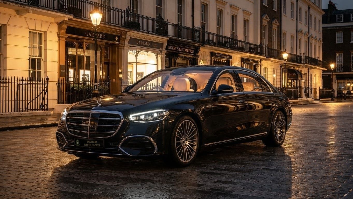 Black Mercedes S-Class on a Mayfair street at night